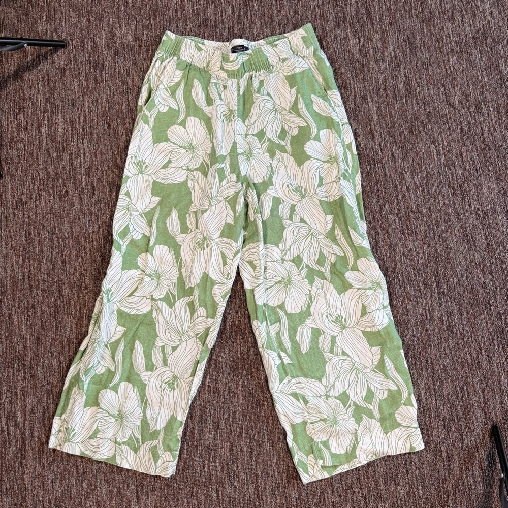 Tahari Green Leaf Print Linen Wide Leg Crop Pull On Pants Size Large - Picture 2 of 6
